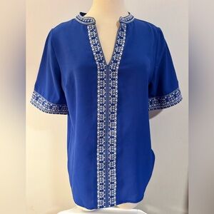 Embroidered Split-Neck Short Sleeve Top in Royal Blue